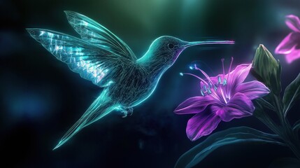 A glowing holographic hummingbird hovers near a vibrant neon flower, creating a futuristic and surreal scene with intricate digital light patterns and an ethereal atmosphere
