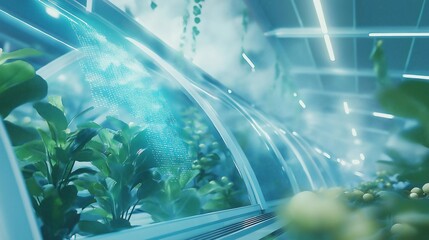 A futuristic greenhouse with advanced hydroponic farming technology, illuminated by soft blue lights and a holographic interface displaying plant data in a high-tech agricultural setting