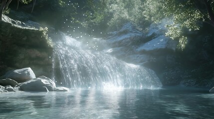 A serene waterfall cascading over rocks into a clear pool, surrounded by lush greenery and bathed in soft, ethereal light, creating a peaceful and dreamlike nature scene