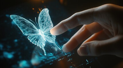 A hand interacts with a glowing holographic butterfly in a futuristic digital environment, symbolizing the fusion of technology and nature with advanced augmented reality

