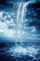 A surreal image of water rising from the ocean into the sky, forming an inverted waterfall against a dramatic cloudy backdrop