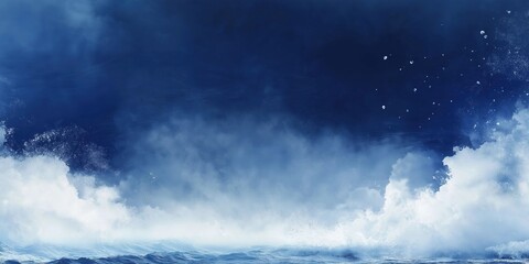 Powerful ocean waves crash under a deep blue sky, creating a dramatic and atmospheric seascape filled with mist and energy