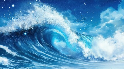 A dynamic digital painting of a massive ocean wave crashing under a bright blue sky with scattered clouds and sparkling water droplets