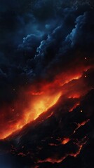 Erupting volcano with glowing lava flowing under a dark, stormy sky, creating a dramatic and intense atmosphere
