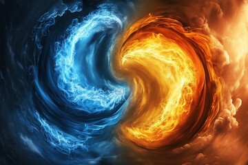 Fiery and icy elements swirling in a dynamic yin-yang formation, symbolizing balance and duality
