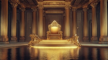 Luxurious golden throne in an opulent palace hall with intricate columns and ornate decorations, reflecting wealth and power