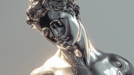 Classical statue with a futuristic chrome finish reflecting light, creating a surreal metallic effect
