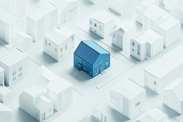 Fototapeta premium Creative graphic layout showcasing a single blue house among white houses in a neighborhood