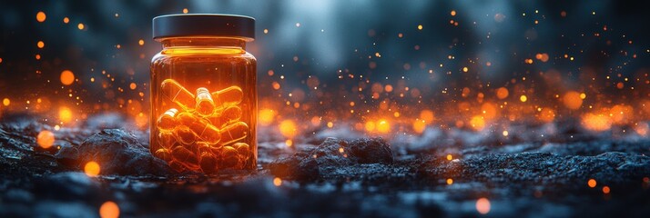 Graphic layouts for wellness advertising featuring glowing capsules in a dark environment