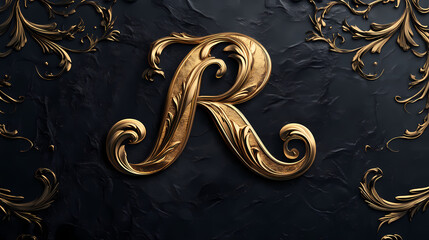Luxurious vector letter r emblem on rich black velvet background with ornate gold filigree and subtle sheen. Resplendent - Palace. Illustration