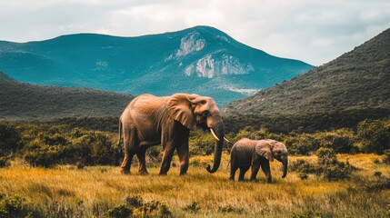 Obraz premium Two elephants stroll through grass with mountains rising in the background.
