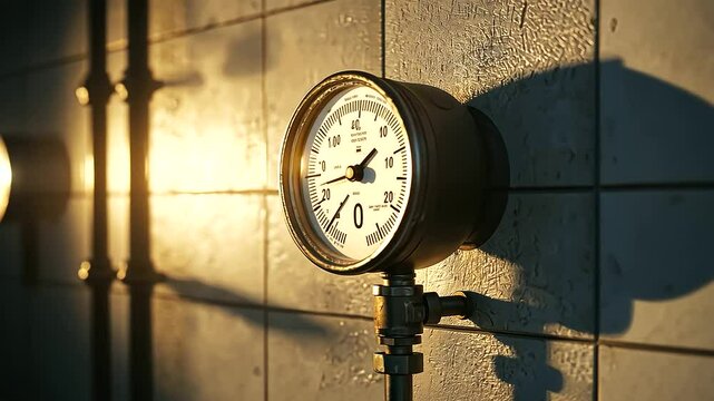 Glowing gas meter in basement with pipe shadows on the wall