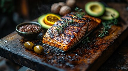 Grilled Salmon with Mediterranean Sides on Wooden Board