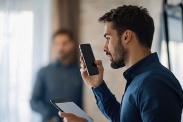 Man discussing smart technology using phone and tablet in office setting