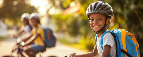 Children with backpacks riding by bicycle from school together. Education concept.