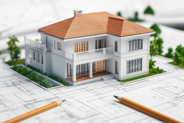 Graphic layout for real estate advertising showcasing an architectural model and blueprints