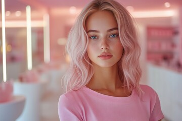 Graphic layouts showcasing woman in pink attire within a modern pastel-themed cafe setting