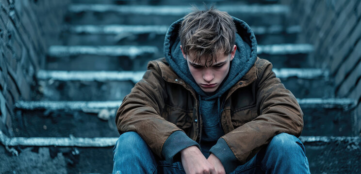 A young guy sits on a ladder on a street in a crime-ridden neighborhood. Local gangster, disadvantage, crime.