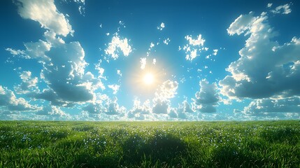 Obraz premium A beautiful sunny day with fluffy clouds over green fields