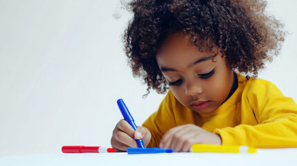Creative expression of a child using bright markers for art and learning activities