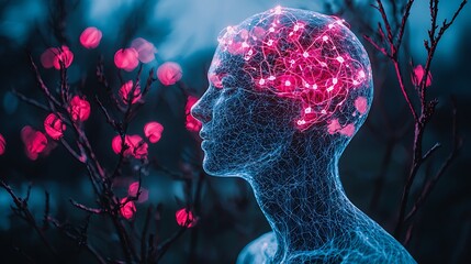 Naklejka premium Glowing Brain Neural Network Abstract Art Digital Mind