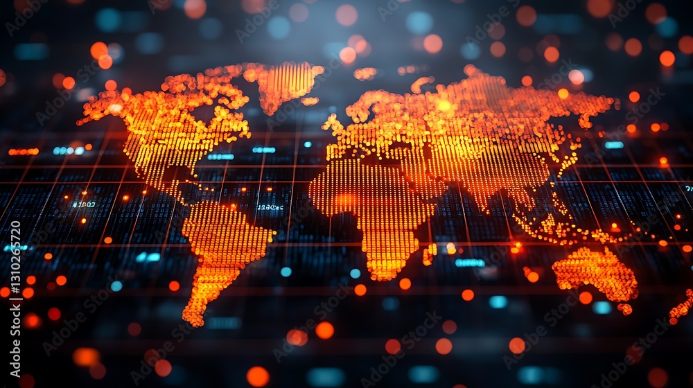 Poster Glowing Digital World Map Global Network Technology Visualization