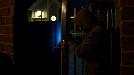 Thief is trying to break into a house at night by tampering with the gate lock