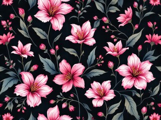 Exotic Elegance: Hand-Painted Pink Floral Pattern on a Dark Background