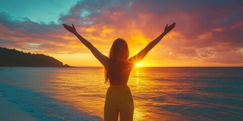 Woman Celebrating the Sunset on a Beach