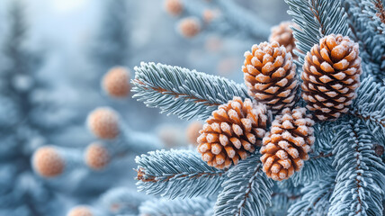 Spruce with cones on the mountains background