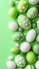 Colorful easter eggs on a vibrant green backdrop, arranged top-down view