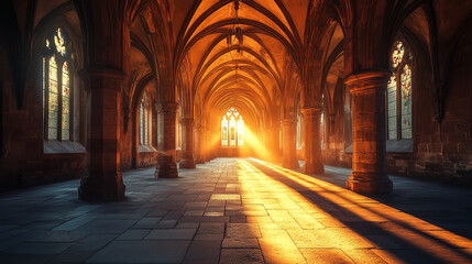 Obraz premium Stunning light filters through stained glass windows in an ancient stone corridor during sunset in a historic building