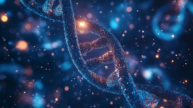 Glowing dna strand in dark background with bokeh effects.