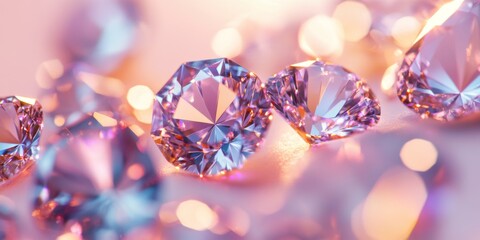 Glistening gemstones shine in soft pastel hues. Captivating reflections bounce from their facets. A beautiful study in light and texture. Perfect for luxury and elegance themes. AI