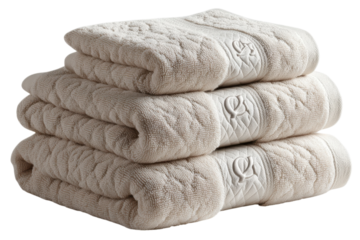 Soft white towels stacked neatly on a shelf in a cozy bathroom setting during daylight