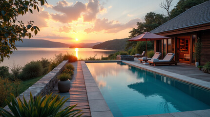 Obraz premium Luxury Resort Swimming Pool with Palm Trees and Ocean View Under a Tropical Sky