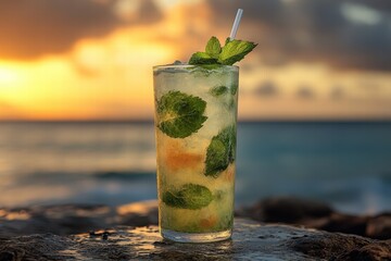 Refreshing mojito in a tall glass enjoyed on a beach at sunset