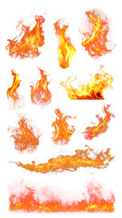 Fire flame effect png element set, transparent background