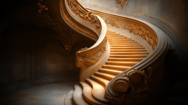 Elegant spiral staircase adorned with intricate details and warm lighting in a historic building showcasing architectural beauty