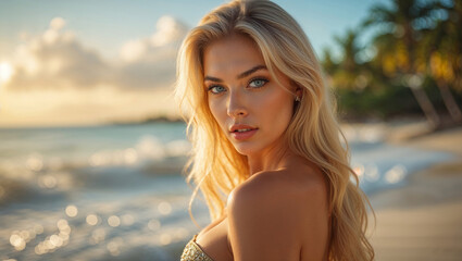 Naklejka premium A beautiful blonde woman gazes at the camera during a golden sunset on a tropical beach.
