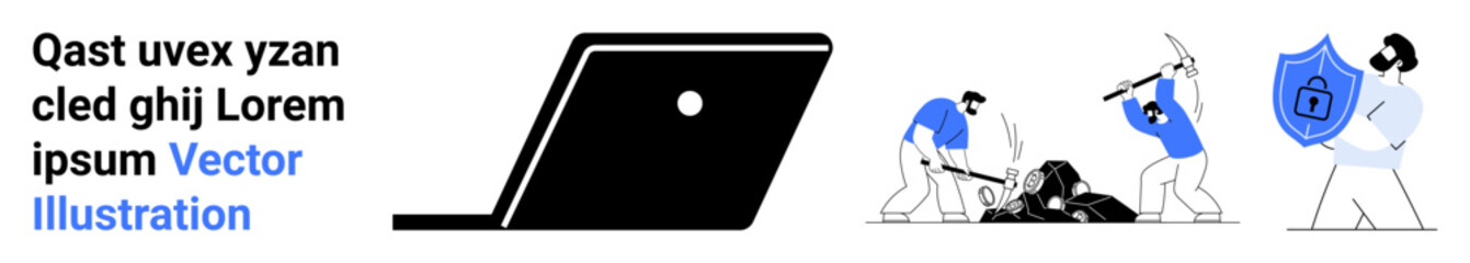 Laptop, workers securing data with tools, shield symbolizing security. Ideal for technology, cybersecurity, data protection, online safety, teamwork, IT support abstract line flat metaphor