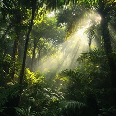 Obraz premium Dense tropical rainforest with towering trees and lush green foliage. Sunlight filters through the canopy, casting beams of light on the forest floor. A peaceful, untouched natural ecosystem