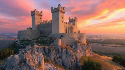 Obraz premium Dramatic sunset illuminates medieval castle perched on rocky hill with vibrant sky in the background