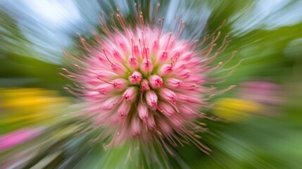 Obraz premium Blurred pink flower with green leaves creates a soft, serene natural scene.