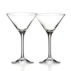 Empty martini glasses, showcasing their elegant design with a smooth, clean surface, perfect for cocktail displays The glasses are isolated on white background