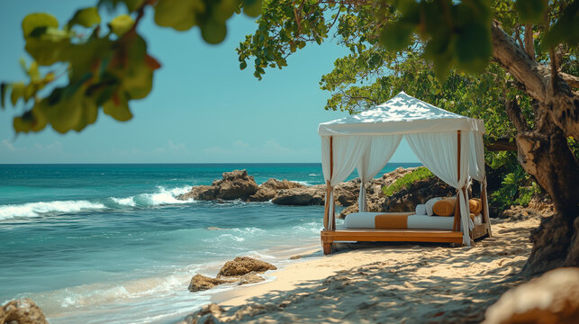 Relaxing beach cabana beside gentle waves with clear blue sky and lush greenery in a tropical paradise