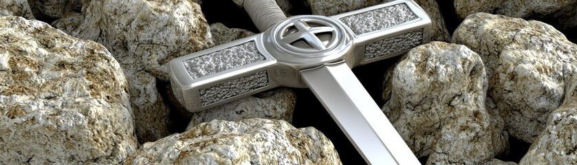 Sword rests on stones. Symbol of legends, power. Outdoors. Fantasy themes