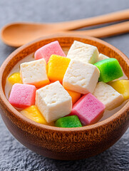 Colorful sweets in wooden bowl on stone surface, wooden spoon backdrop