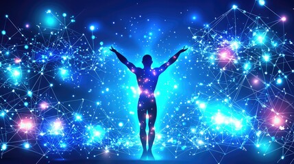 Obraz premium Silhouette figure raising arms up to blue network background, for connection or transformation concepts