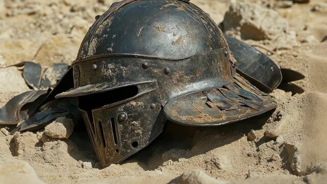 Ancient gladiator helmet rests on sandy ground showcasing wear and history from past battles